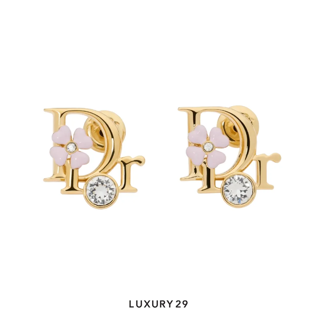 Dior Clover Earrings Gold-plated metal, crystals, and pink enamel(Free Size, Gold)