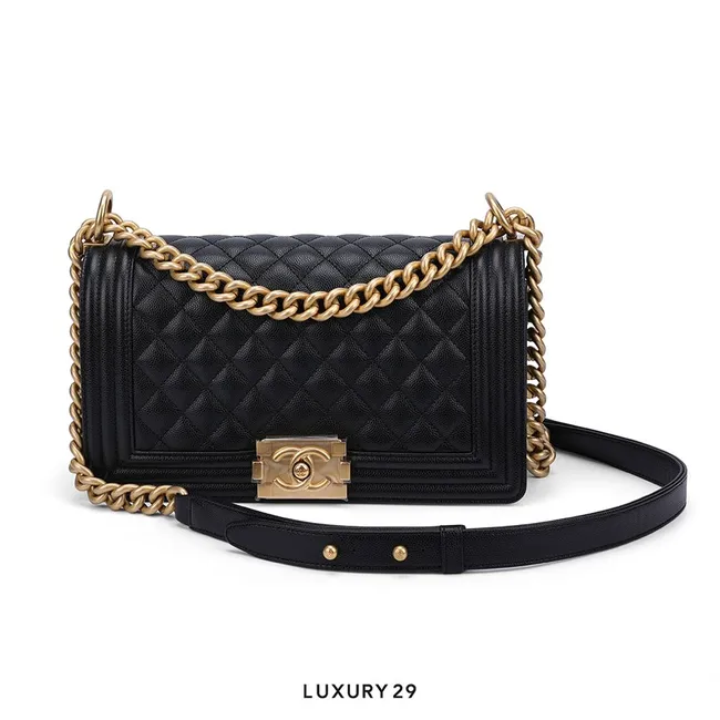 Chanel Old Medium Boy Bag Black Lamskin Gold Hardware