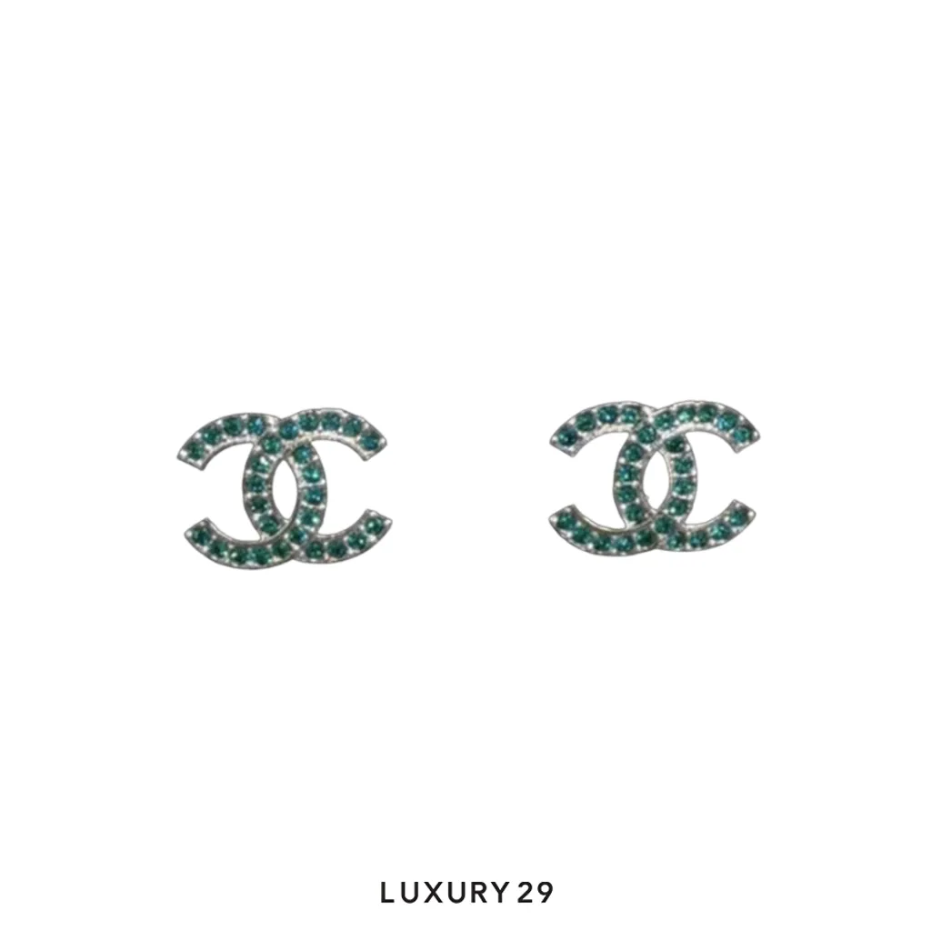 Chanel CC Logo Green Crystal Silver(Free Size, Silver)
