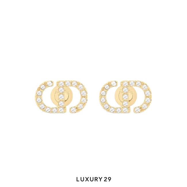 Dior Mini Petit CD Stud Earrings Gold-Finish Metal with White Crystals