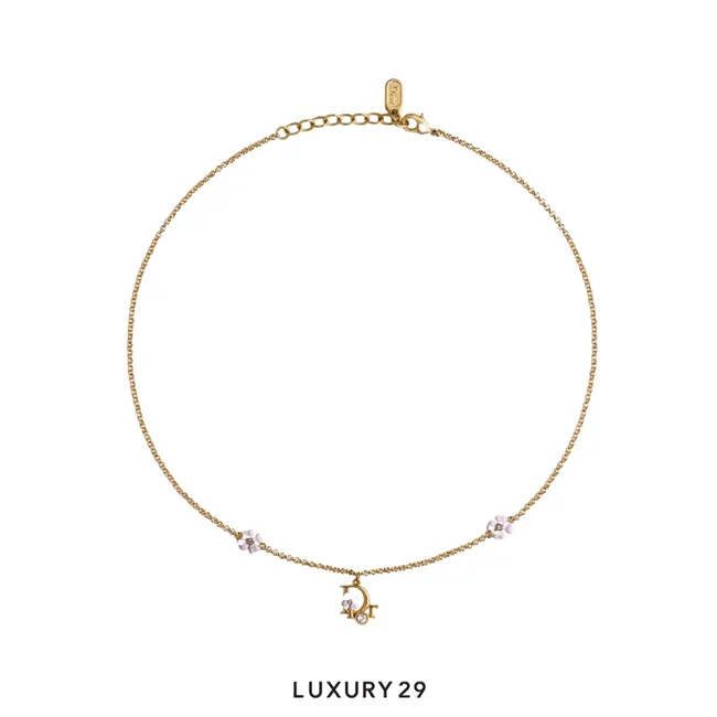 Dior Precious Clover Necklace Gold-plated metal, crystals, and pink enamel