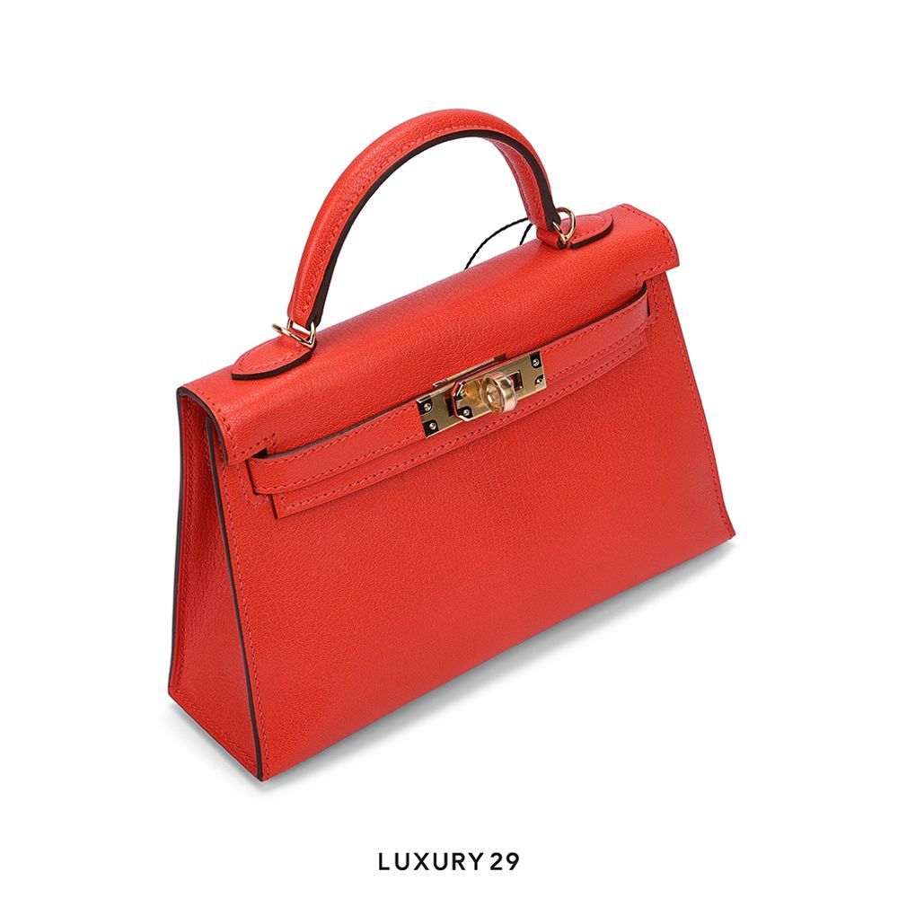 Hermes Kelly Sellier 20 Feu Chevre Gold hardware(Mini, Red)