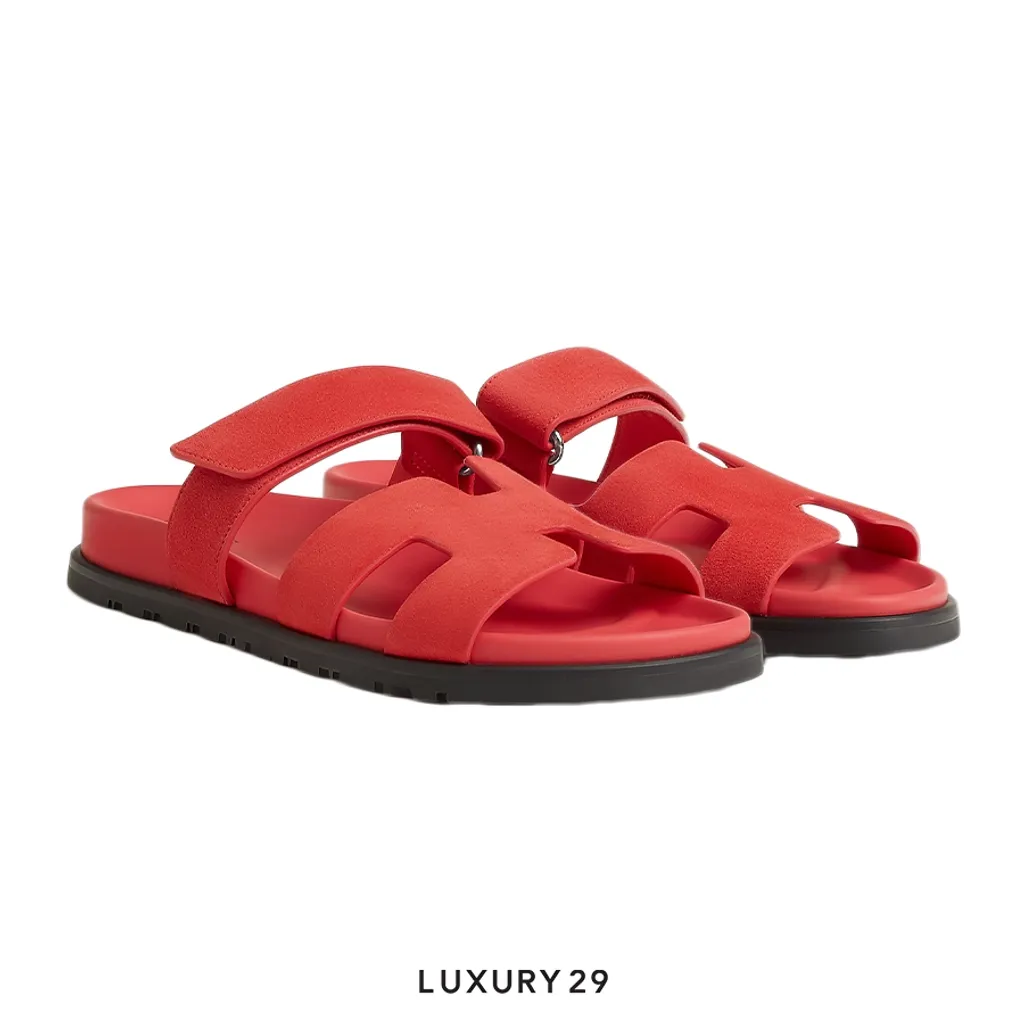 Hermes Chypre Sandal Femme Chrypre Chevre Velours Rose Vermillon 3(W)(38, Orange)