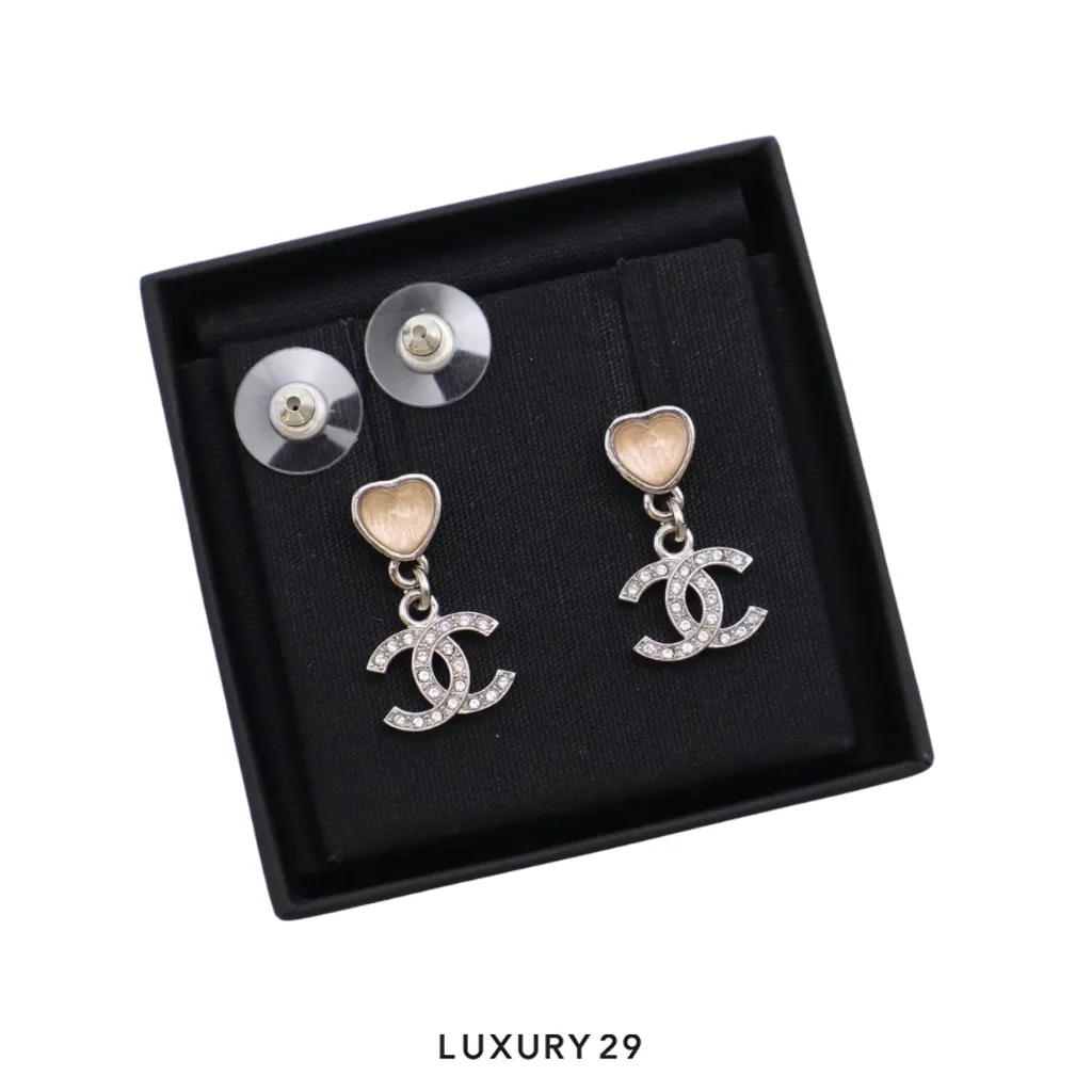 Chanel Crystal Heart Dangle CC Earrings(Free Size, Silver)