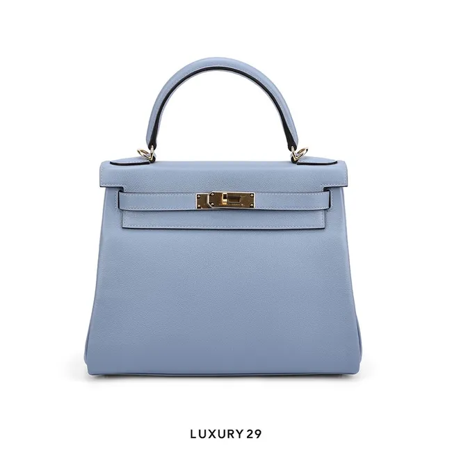 Hermes Kelly Retourne 28 Bleu Brume Epsom Gold Hardware / U Stamp