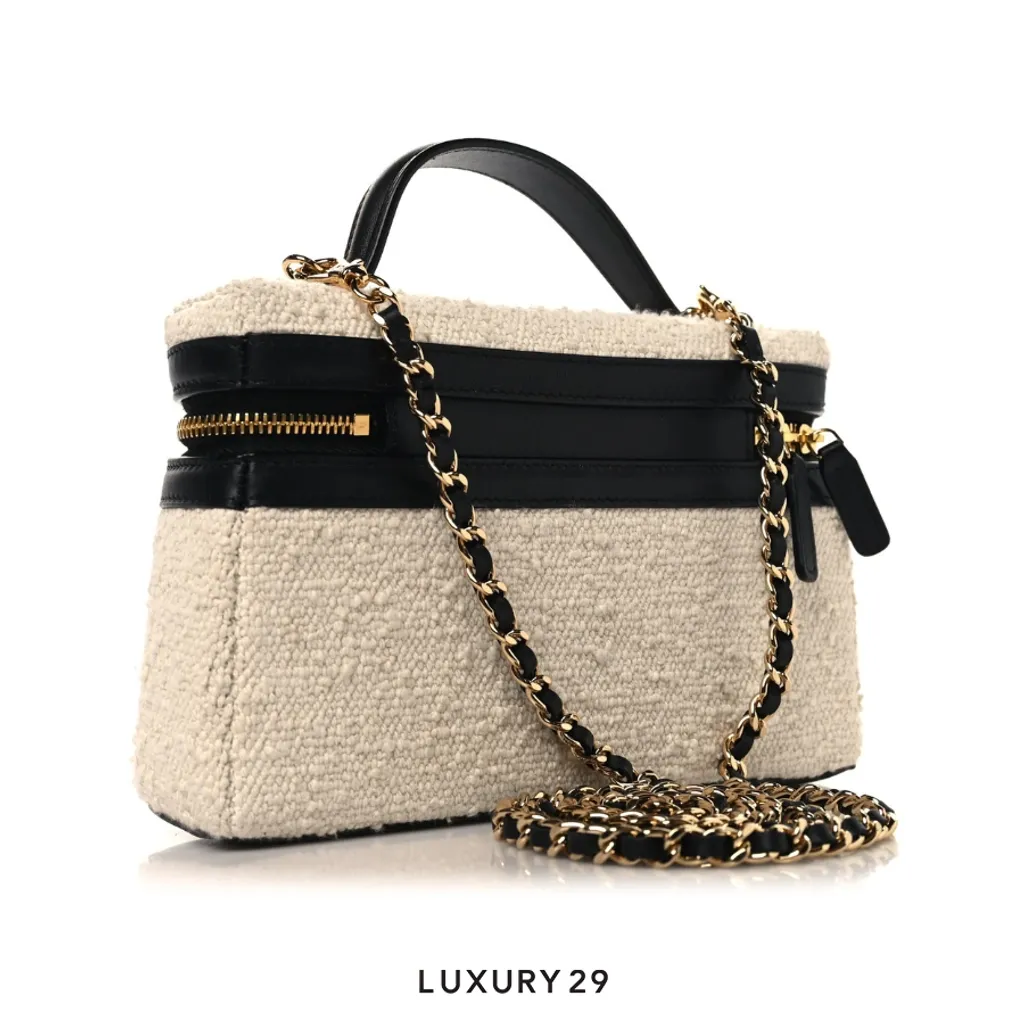 Chanel Boucle Calfskin Top Handle Slim Vanity Case With Chain Ecru Black(Small, Neutrals)