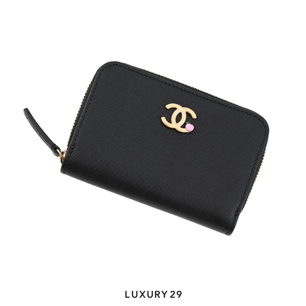 Chanel CC Logo Apple Motif Zip Coin Purse Grained Goatskin Leather Black(Small, Black)