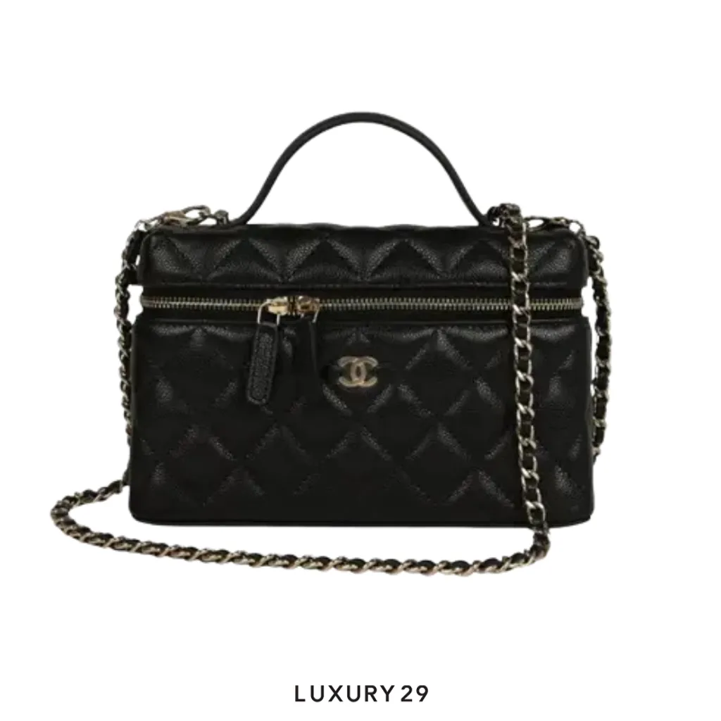 Chanel Top Handle Long Vanity Case with Chain Black Shiny Caviar with Gold-toned Hardware(Small, Black)