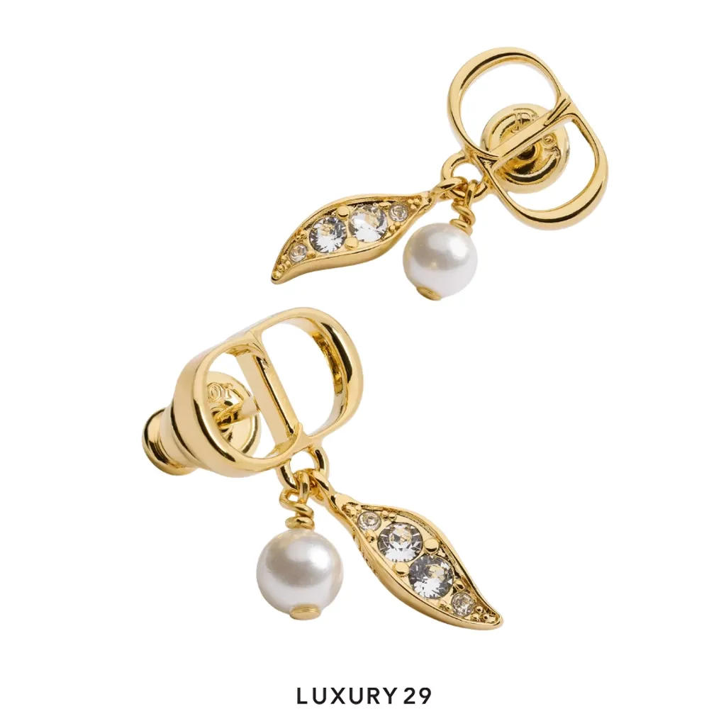 Dior CD Mini Lily Earrings Gold-plated metal, white resin pearls, and crystals(Free Size, Gold)
