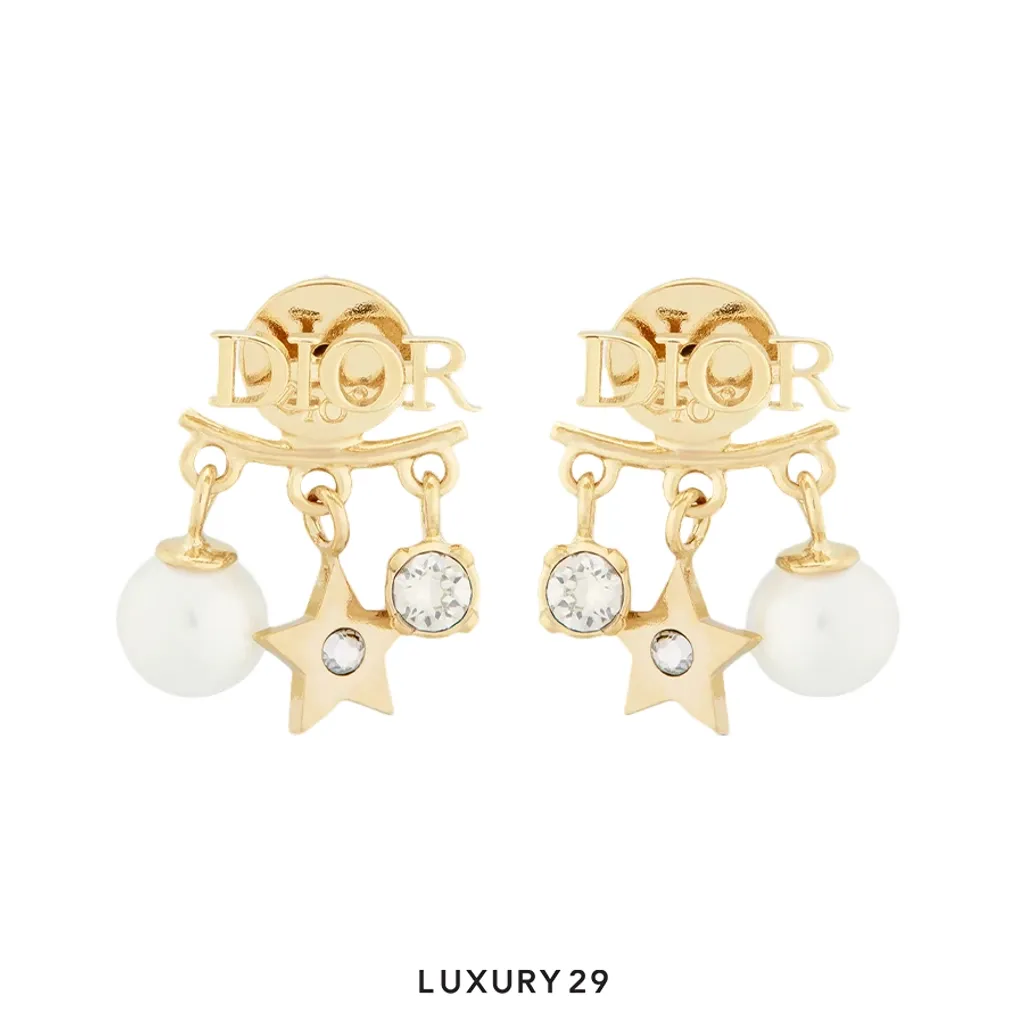 Dior (r)evolution Earrings Gold-Finish Metal, White Resin Pearls and White Crystals(Free Size, Gold)