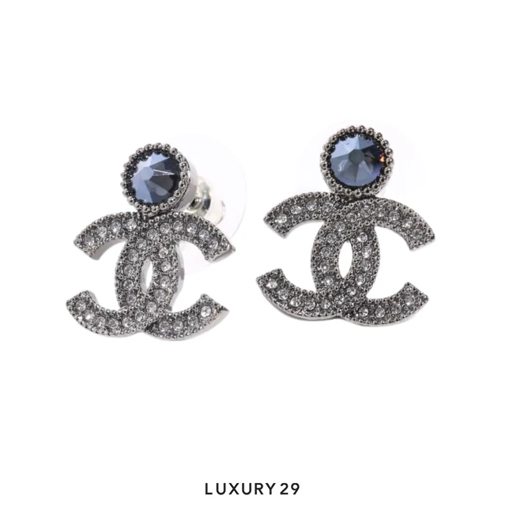 Chanel Coco Mark Stud Earrings CC logo adorned with clear crystals and a prominent dark(Free Size, Silver)