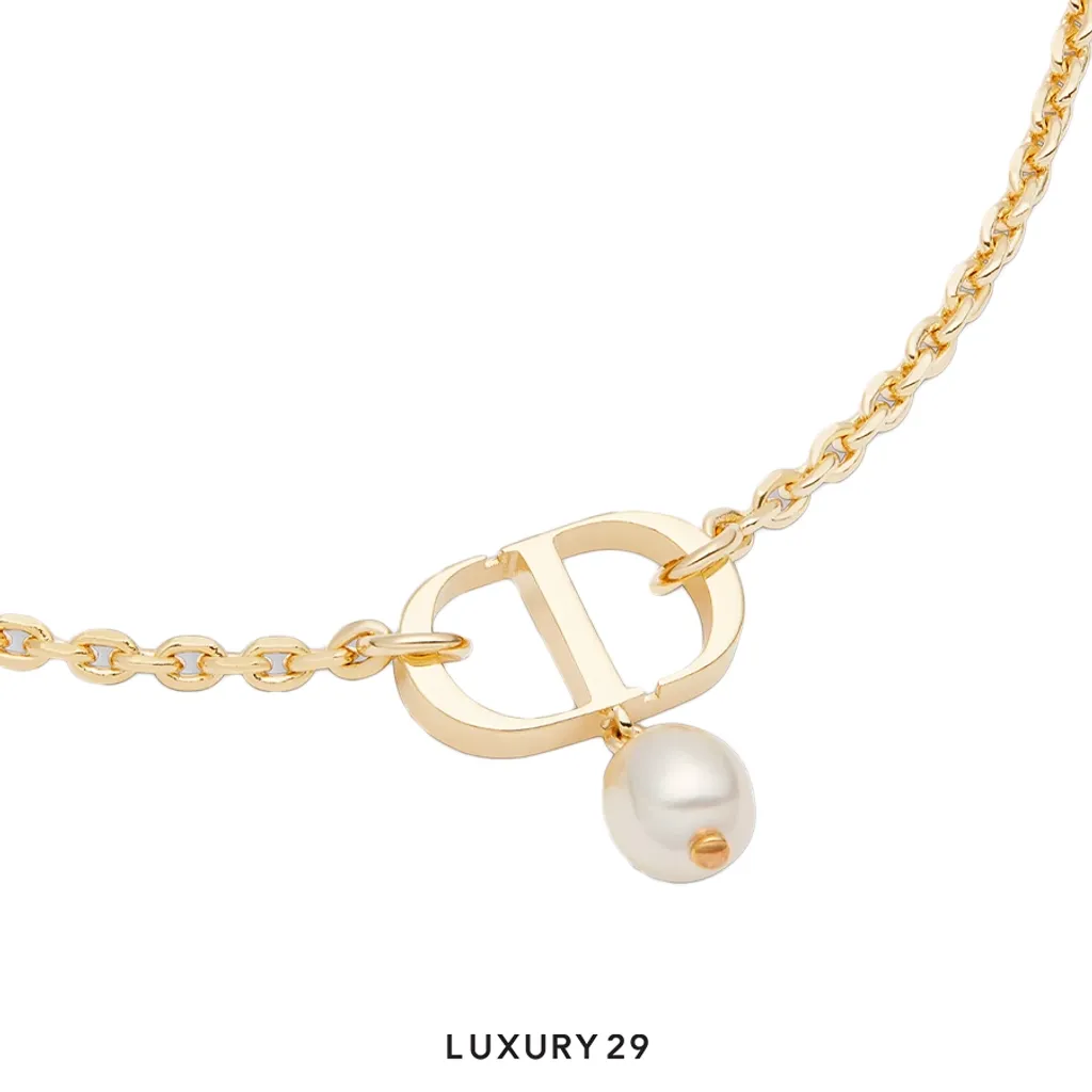 Dior Petit CD Necklace Gold-Finish Metal and White Resin Pearl(Free Size, Gold)