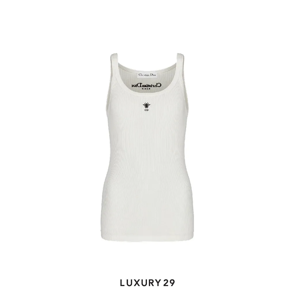 Dior Tank Top White Ribbed Cotton Jersey(XS, White)