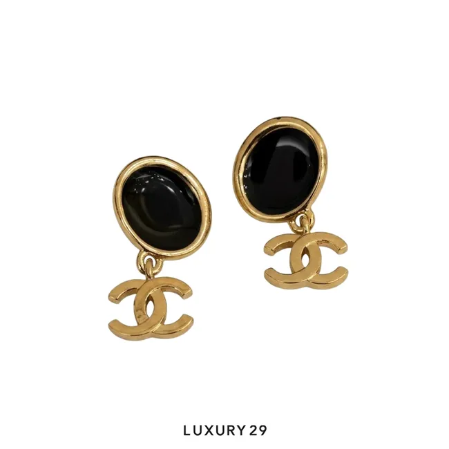 CHANEL Earrings CC Mark Black Metal 26K Gold