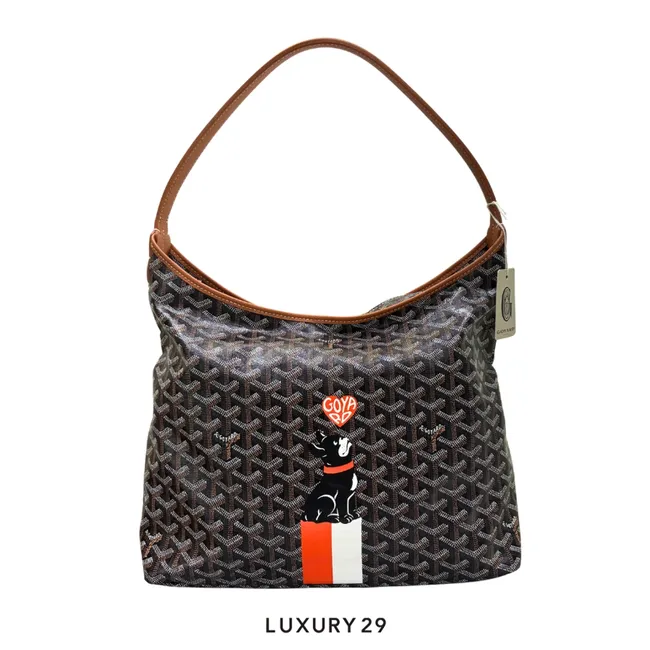 Goyard Boheme Hobo Bag Black & Tan Hand-Paint Dog with Heart Orange