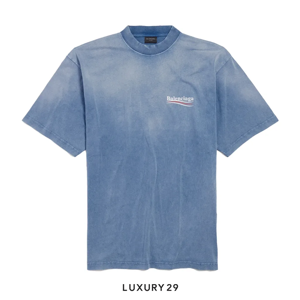 Balenciaga Men's Political Campaign T-shirt Medium Fit in Faded Blue/white/red(XS, Blue)
