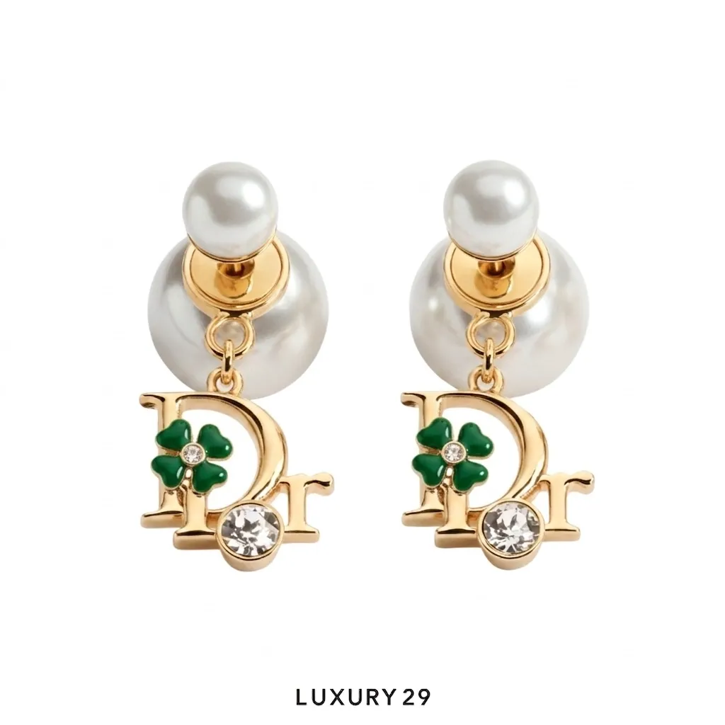Dior Tribales Earrings Gold-plated metal, white resin pearls, crystals, and green enamel work(Free Size, Gold)