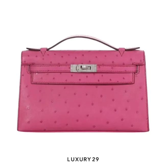 Hermes Pochette Kelly Mini Autruche L3 Rose Pourpre / B Stamp  (2023)