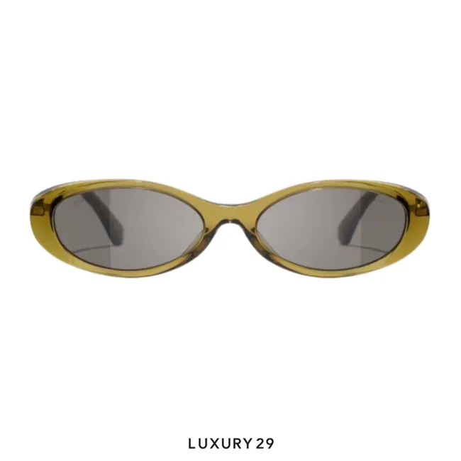 Chanel New Oval Sunglasses Frame: Acetate & Metal, Olive Lenses: Dark Brown