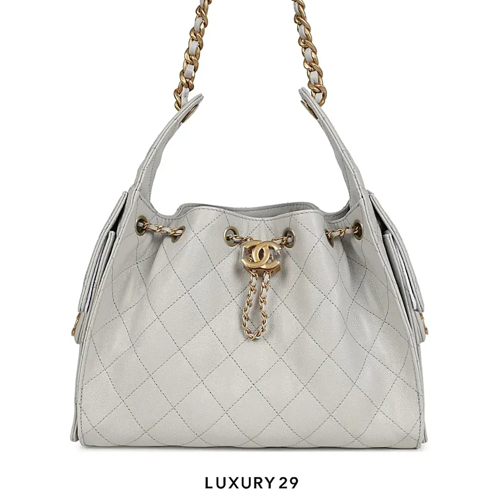 Chanel 25 Small Handbag Caviar Gold Hardware Light Grey(Small, Grey)