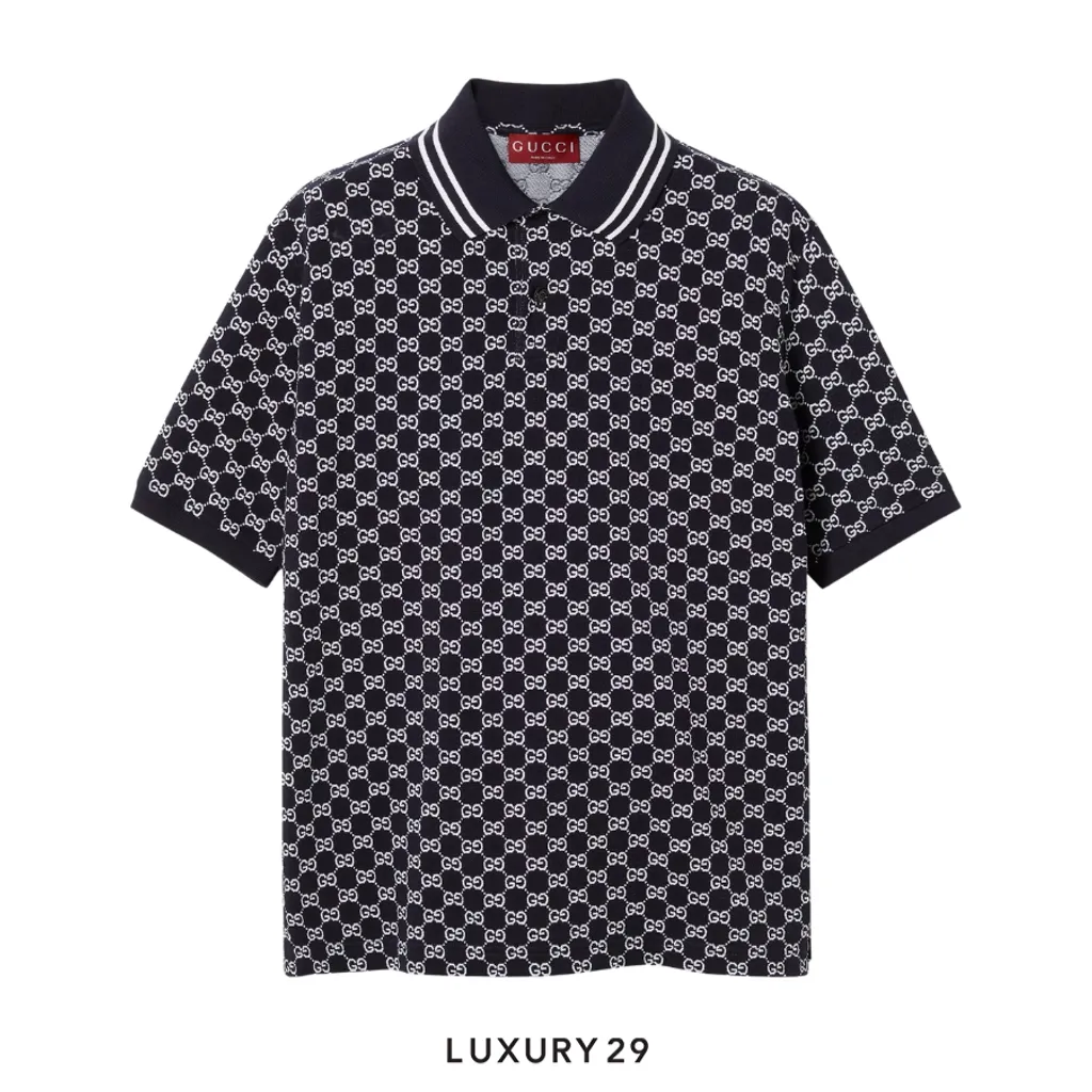 Gucci GG cotton piquet jacquard polo shirt navy and white(M, Black)