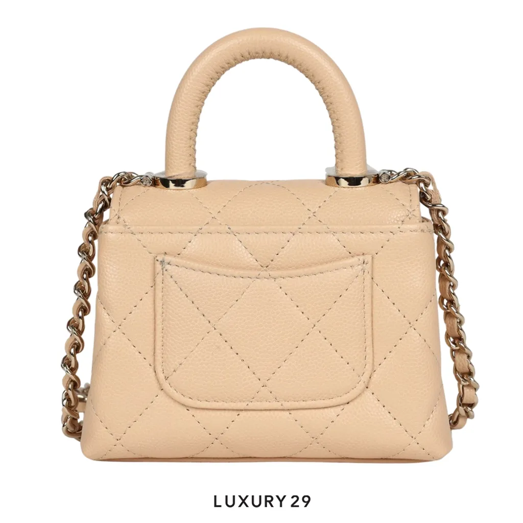 Chanel Nano Coco Top Handle Flap Bag Light Beige Caviar Light Gold Hardware(Small, White)