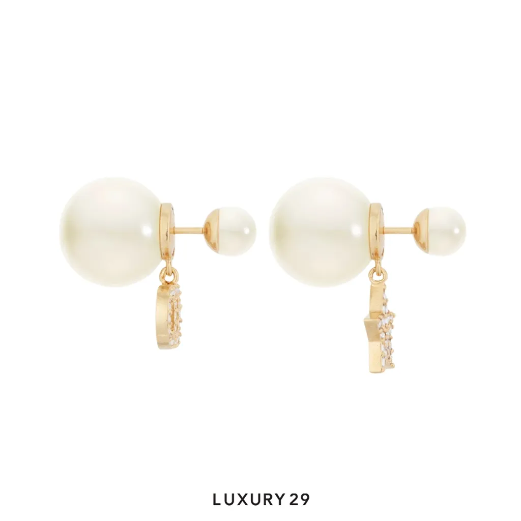 Dior Tribales Earrings Gold-Finish Metal with White Resin Pearls and Silver-Tone Crystals(Free Size, Silver)