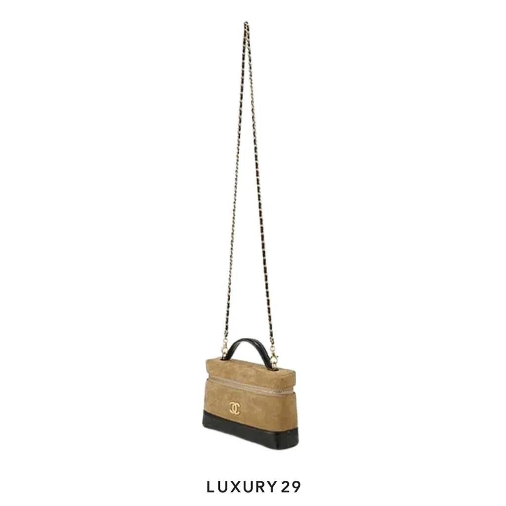 Chanel Top Handle Vanity Case Suede Calfskin with Chain and Shiny Lambskin with gold-tone metal hardware(Small, Brown)
