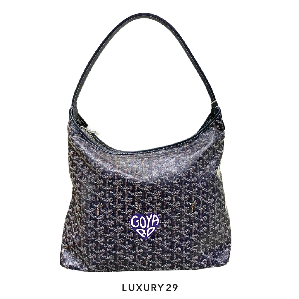 Goyard Boheme Hobo Bag Navy Blue Hand-Painted Heart Purple(Small, Blue)