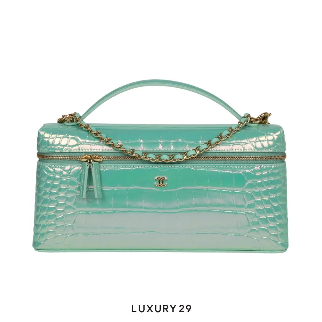 Chanel Vanity bag with chain strap crocodile pattern calfskin & gold metallic Turquoise blue(Small, Blue)