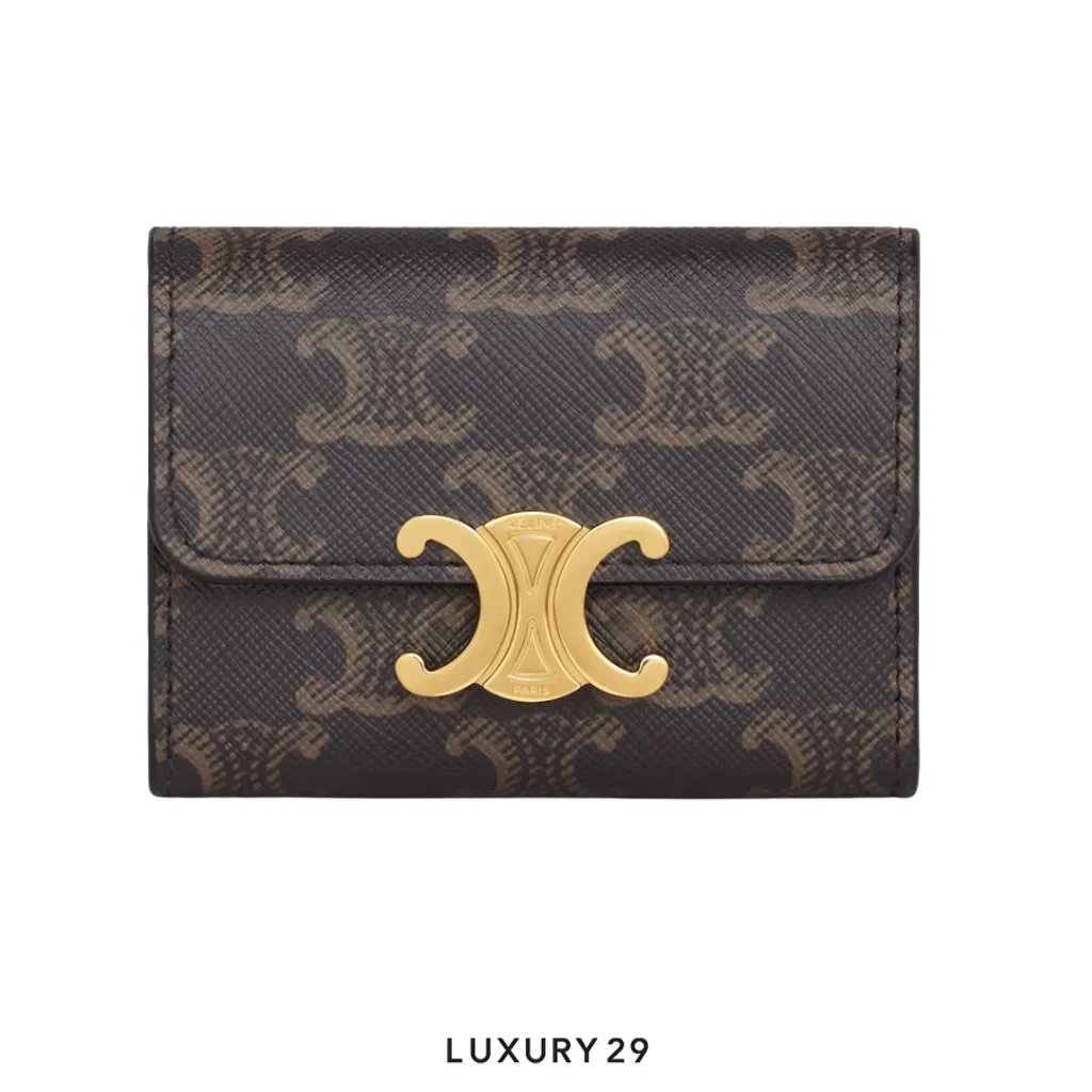 Celine TRIOMPHE wallet with small coin compartment Triomphe canvas Tan(Mini, Brown)