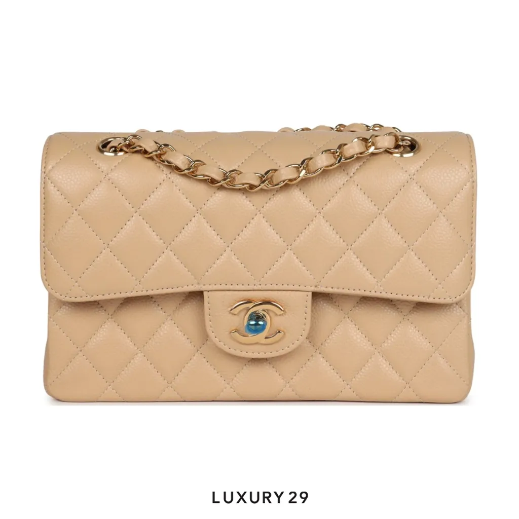 Chanel Medium Classic Double Flap Bag Beige Caviar Gold Hardware(Medium, Neutrals)