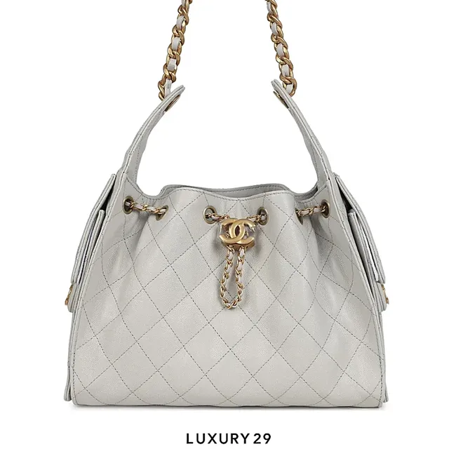 Chanel 25 Small Handbag Caviar Gold Hardware Light Grey