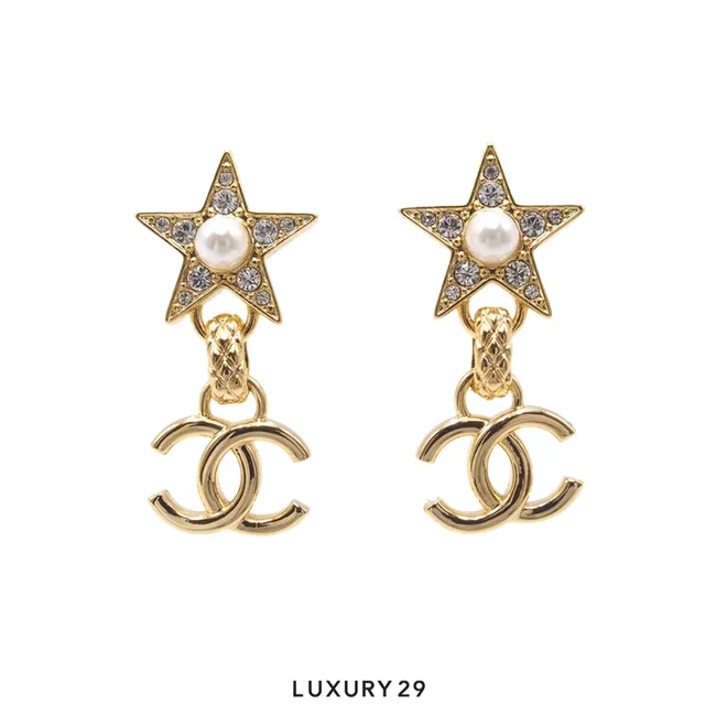 Chanel Crystal and Pearl CC Star Drop Earrings in gold-toned hardware