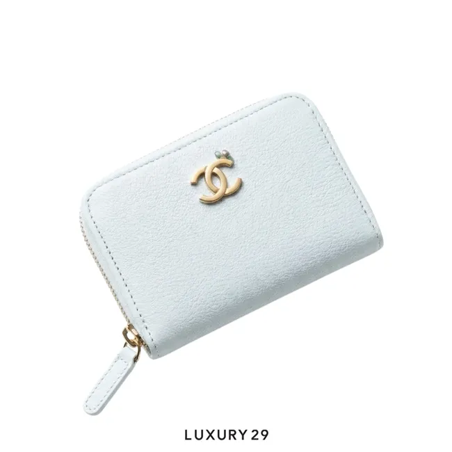 Chanel CC Logo Zip Coin Purse Grained Goatskin Leather Light Blue