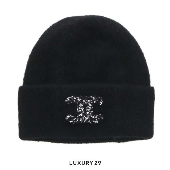 CHANEL Coco Mark Sequined Cashmere Beanie Black
