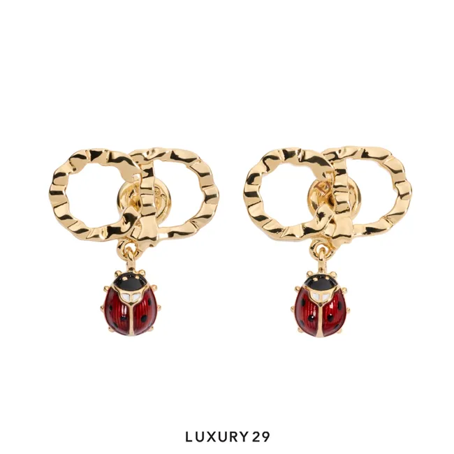 Dior CD Lady Twist Earrings, Qixi model Gold-plated metal decorated with red and black enamel