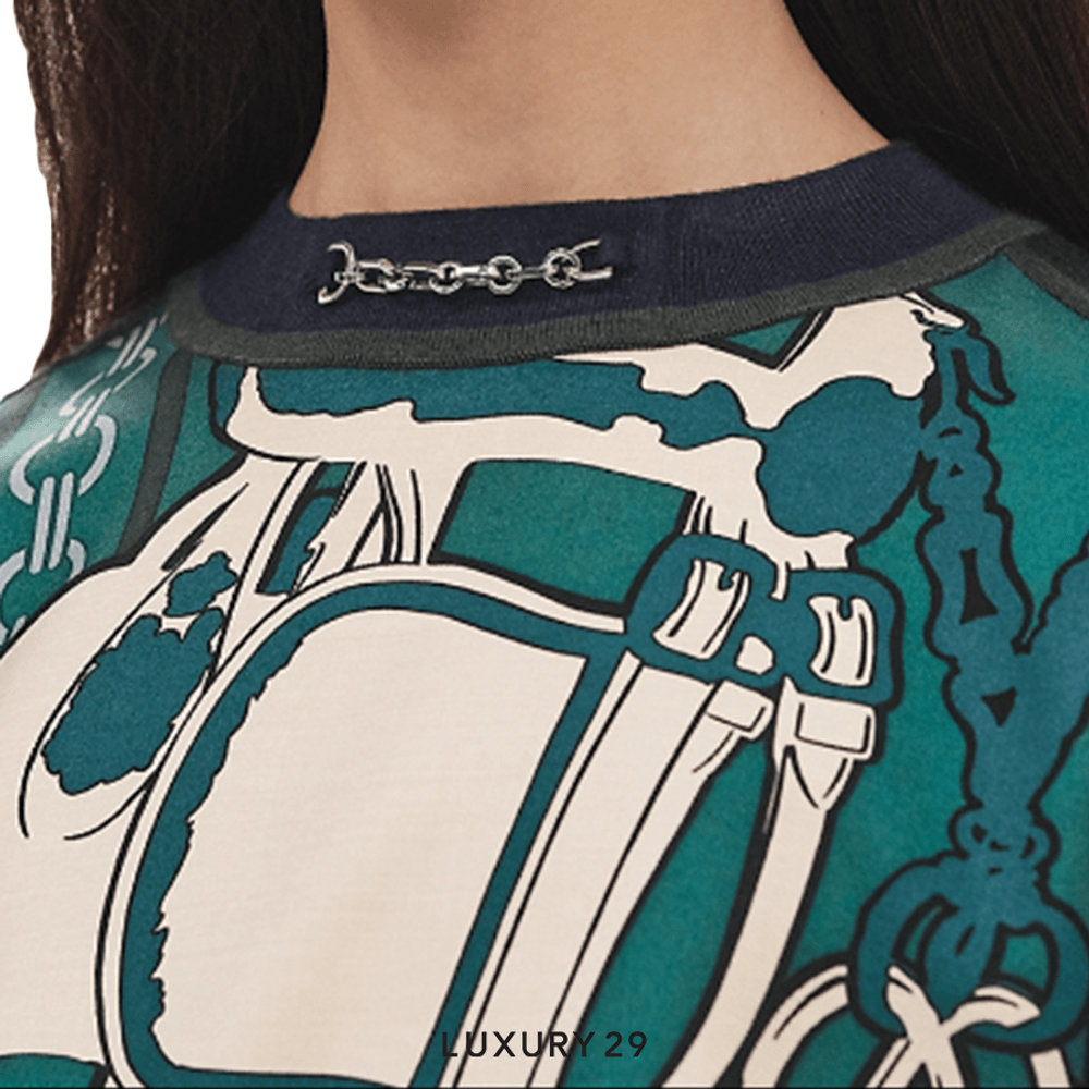 Hermes "Brides de Gala et Chaines" short-sleeve twillaine sweater Vert Oxford(S, Green)
