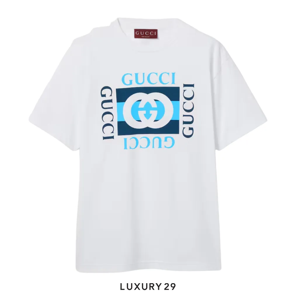 Gucci Printed cotton jersey T-shirt Gucci Interlocking G striped print White/Blue(M, White)