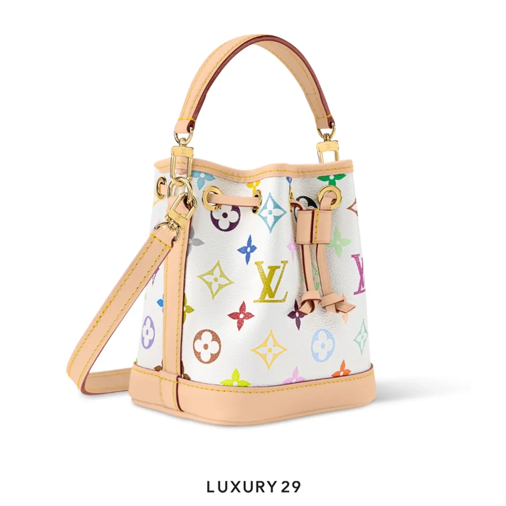 Louis Vuitton LV x TM Nano Noe bag Trimmed with cowhide leather Multicolor/White(Small, White)