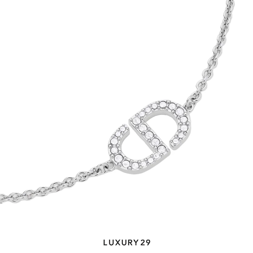 Dior Petit CD Bracelet Silver-Finish Metal and White Crystals(Free Size, Silver)