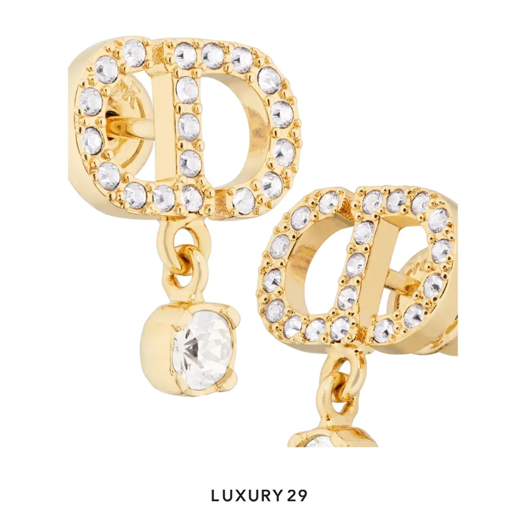 Dior Petit CD Earrings Gold-Finish Metal and White Crystals(Free Size, Gold)