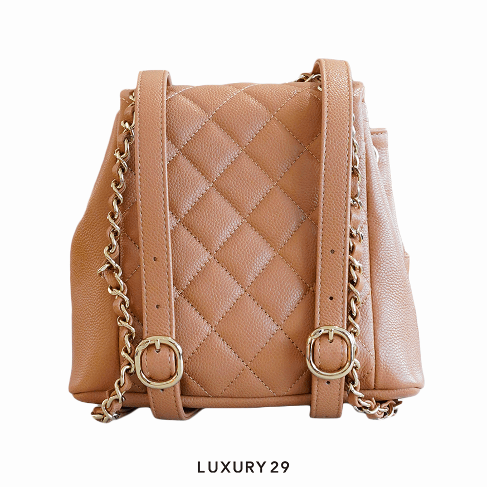 Chanel Small Backpack Grained Shiny Calfskin & Gold-Tone Metal Tan(Small, Brown)