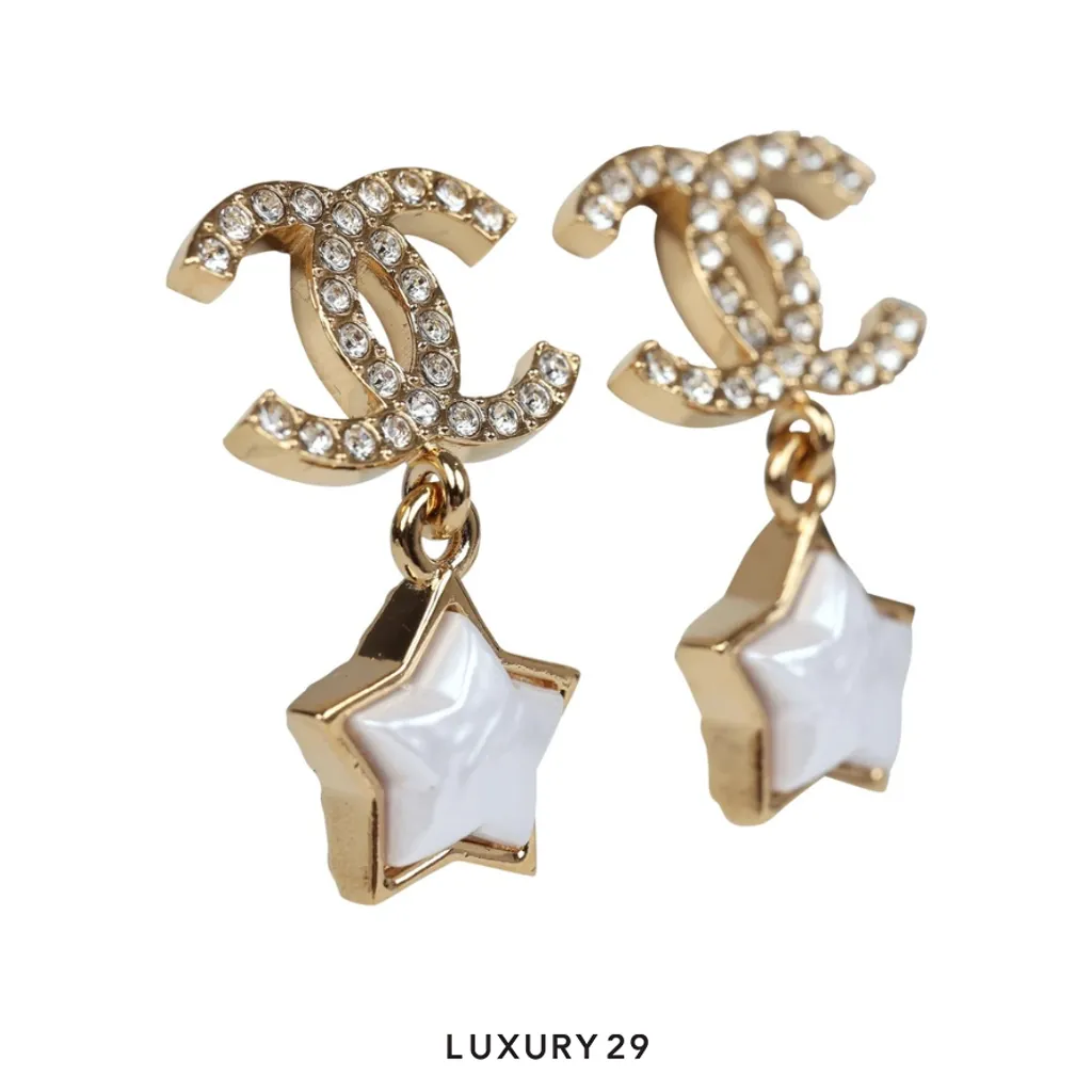 Chanel Crystal and Pearl CC Star Dangle Earrings Gold Hardware(Free Size, Gold)