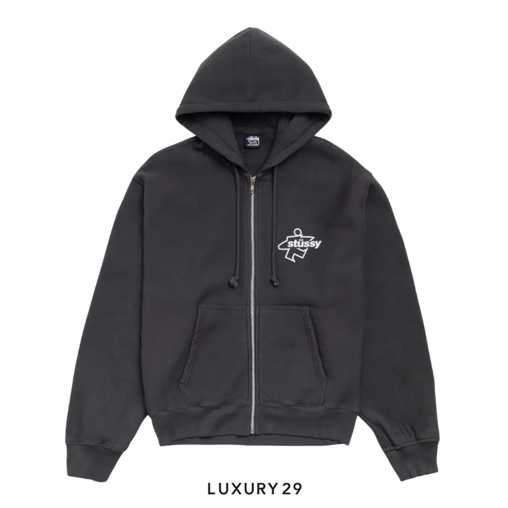 STUSSY SURF SIZE ZIP HOODIE FADED BLACK(L, Black)