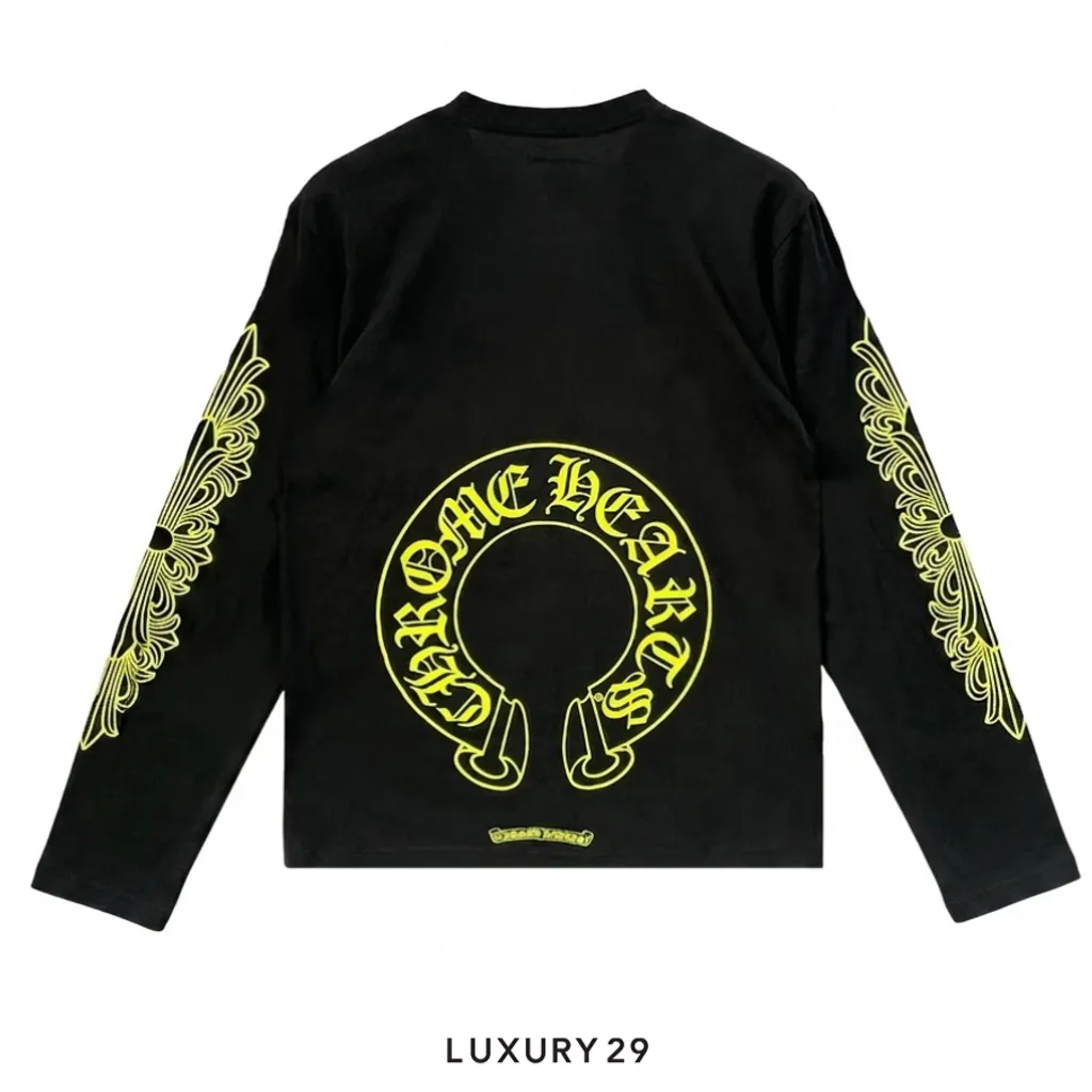 Chrome Hearts Neon Yellow Horseshoe Pocket  Long Sleeve T-Shirt Black(S, Black)