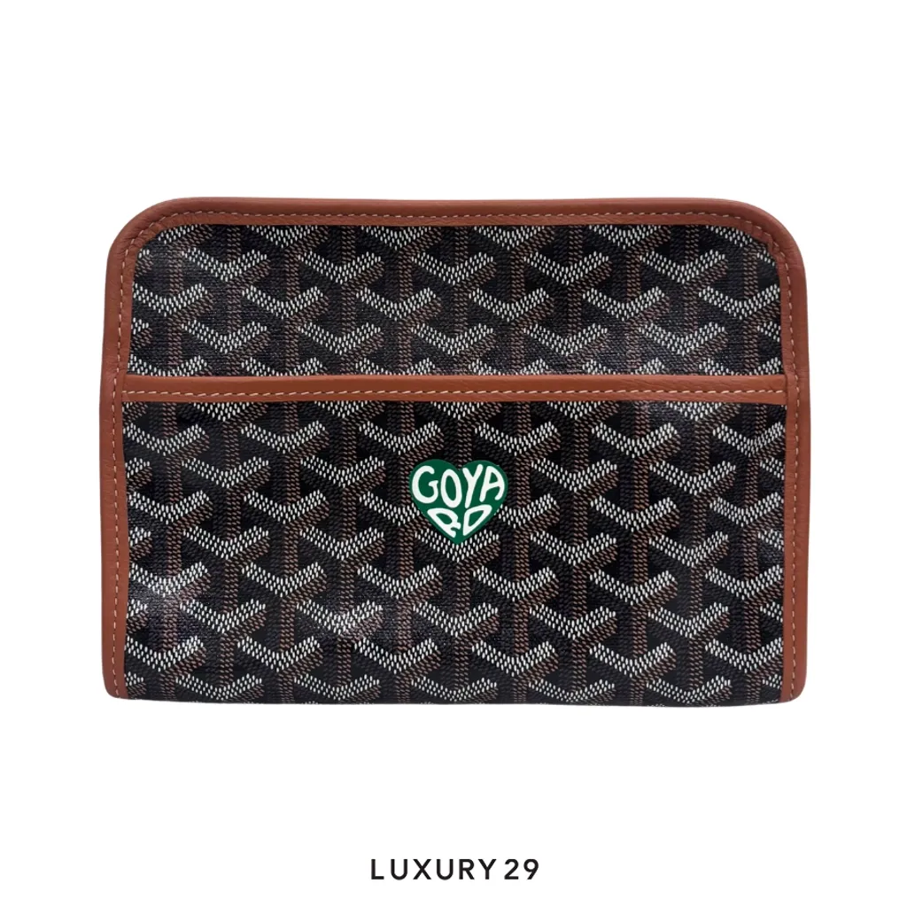 Goyard Jouvence PM Toiletry Bag Black Tan Hand-Painted Heart Green(Small, Brown)