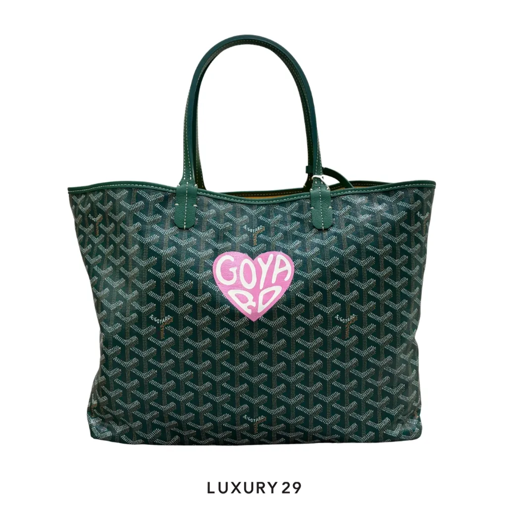 Goyard Saint Louis PM Bag Green Hand-Painted Heart Pink(Small, Green)