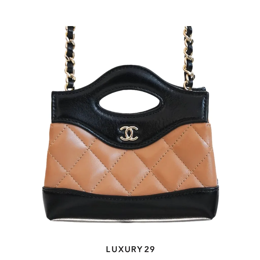 Chanel 31 Micro Shopping Bag Shiny Lambskin & Gold-Tone Metal Dark Beige & Black(Micro, Neutrals)