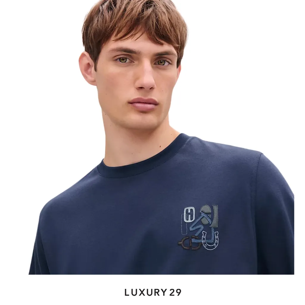 HERMES "H Puzzle" t-shirt with leather detail Ocean(L, Blue)